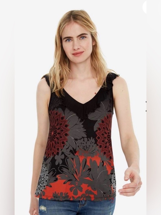 Desigual Tops - Desigual Black Floral V-Neck Camisole with Red and Gray Motif